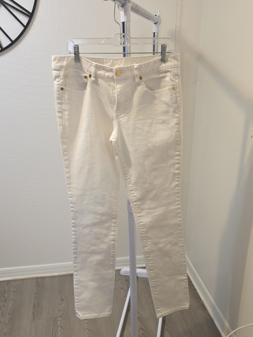 Tory Burch Cream Skinny Jeans with Gold Hardware